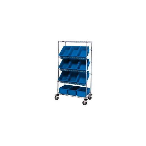 Global Industrial Easy Access Slant Shelf Chrome Wire Cart 12 3-1/2inH Grid Bins Blue 36x18x63 268999BL - main